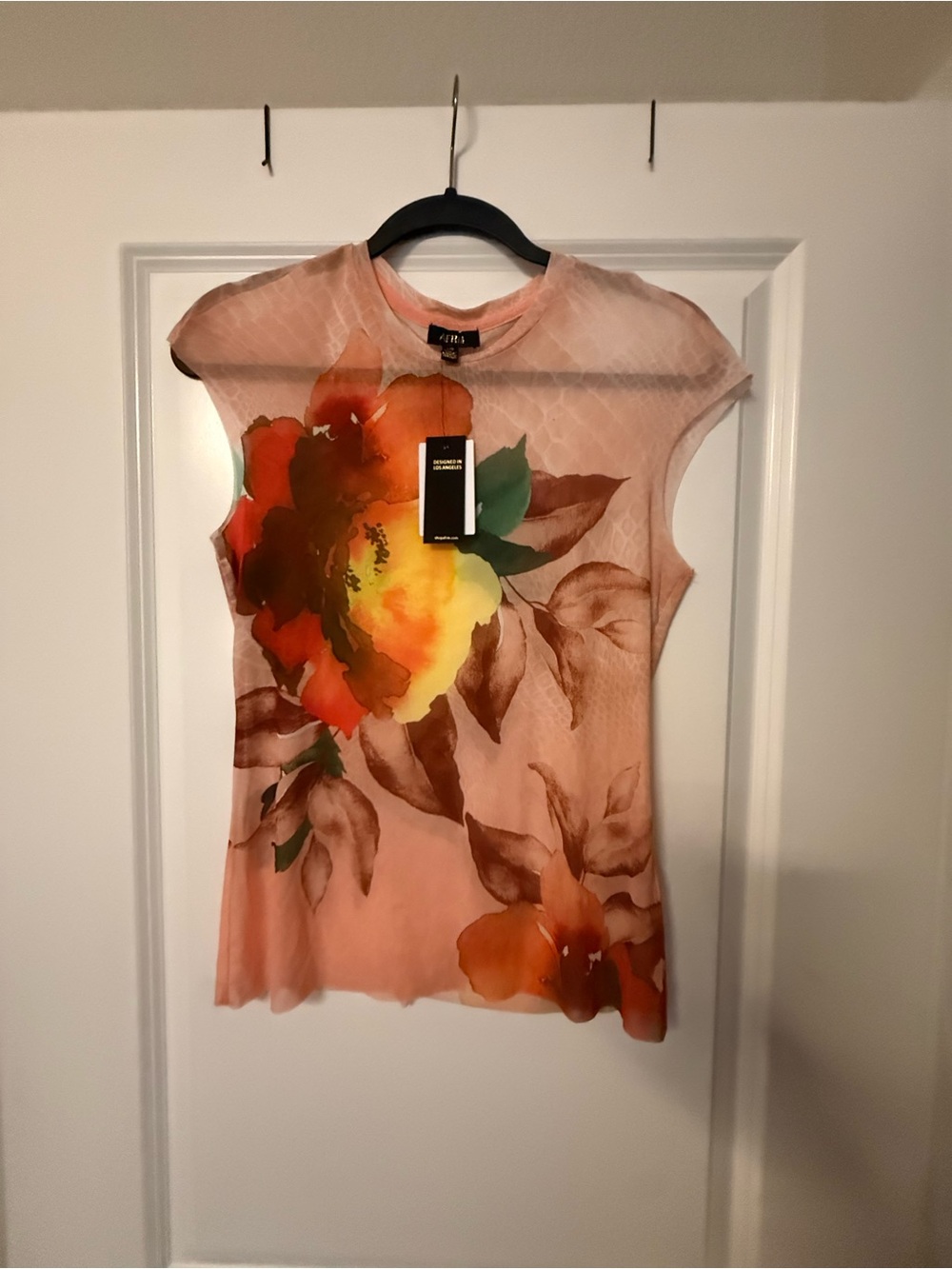 AFRM Peach Sheer Floral Mesh Camisole with Multicolor Bloom